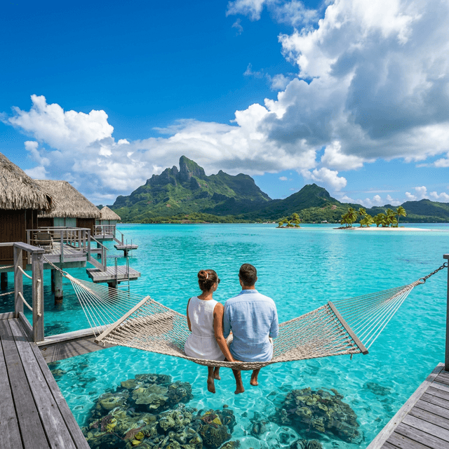 זוג יושב מגבו על רשת קטמרן מעל מים צלולים ונגליים למשעי, נטמעים בנוף עוצר נשימה של איים טרופיים, הרי געש ירוקים ענקיים, ושוניות אלמוגים ביום תכול ושטוף שמש המזמין לחקור כל פיסת גן עדן